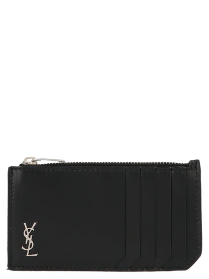 Porte-cartes Saint Laurent en cuir de veau noir