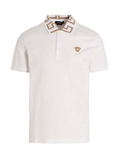 White Versace Cotton Polo Shirt With Embroidered Collar And Placket