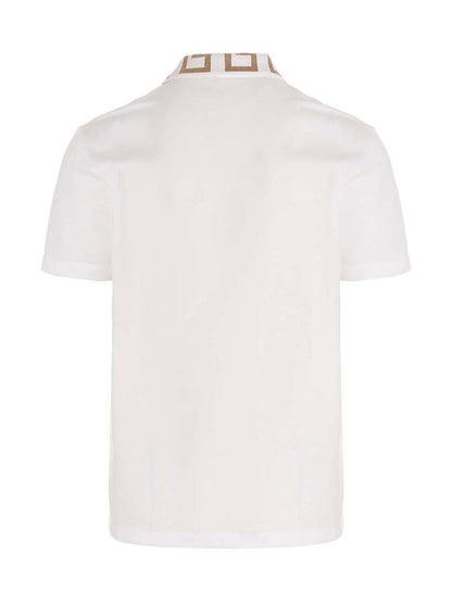 White Versace Cotton Polo Shirt With Embroidered Collar And Placket