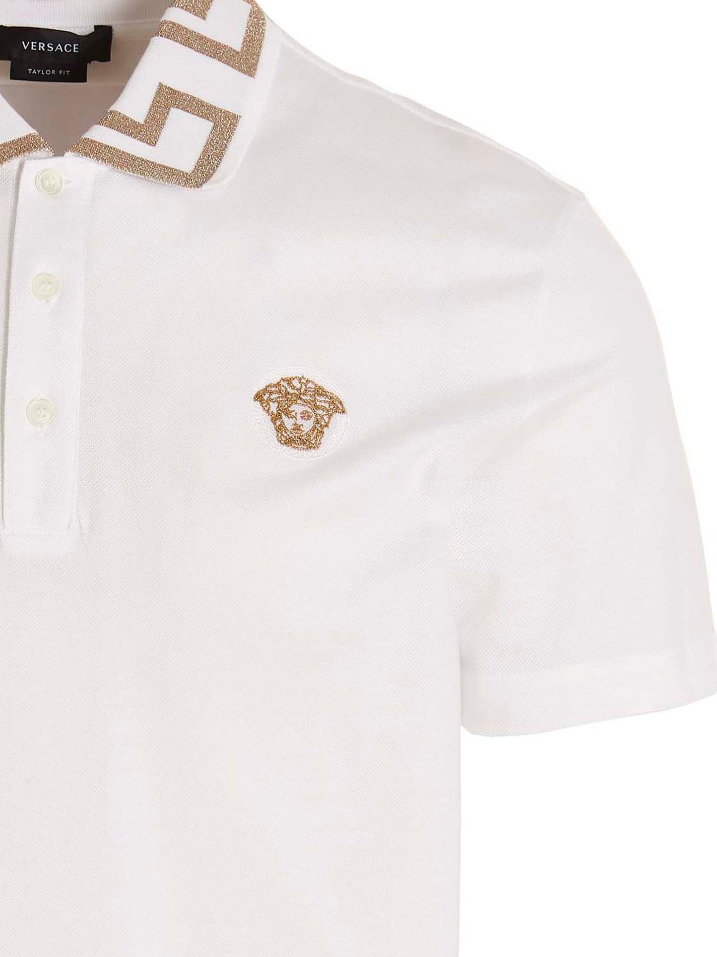 White Versace Cotton Polo Shirt With Embroidered Collar And Placket