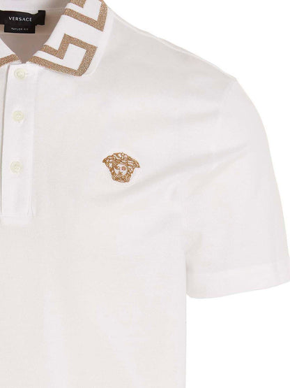 White Versace Cotton Polo Shirt With Embroidered Collar And Placket