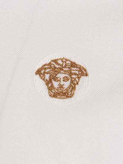 White Versace Cotton Polo Shirt With Embroidered Collar And Placket