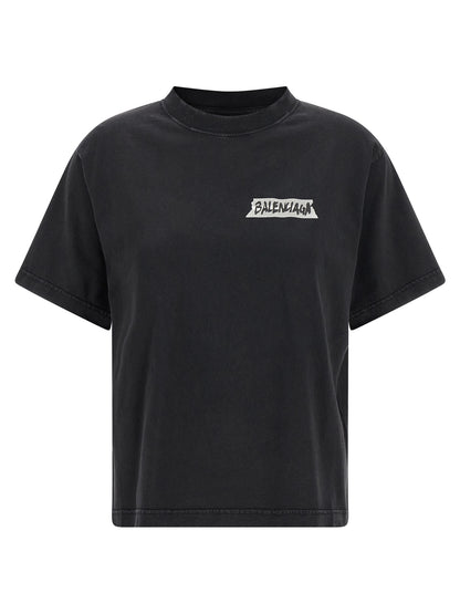 Camiseta De Balenciaga En Algodón Negro Estampado Masking Tape Gráfico