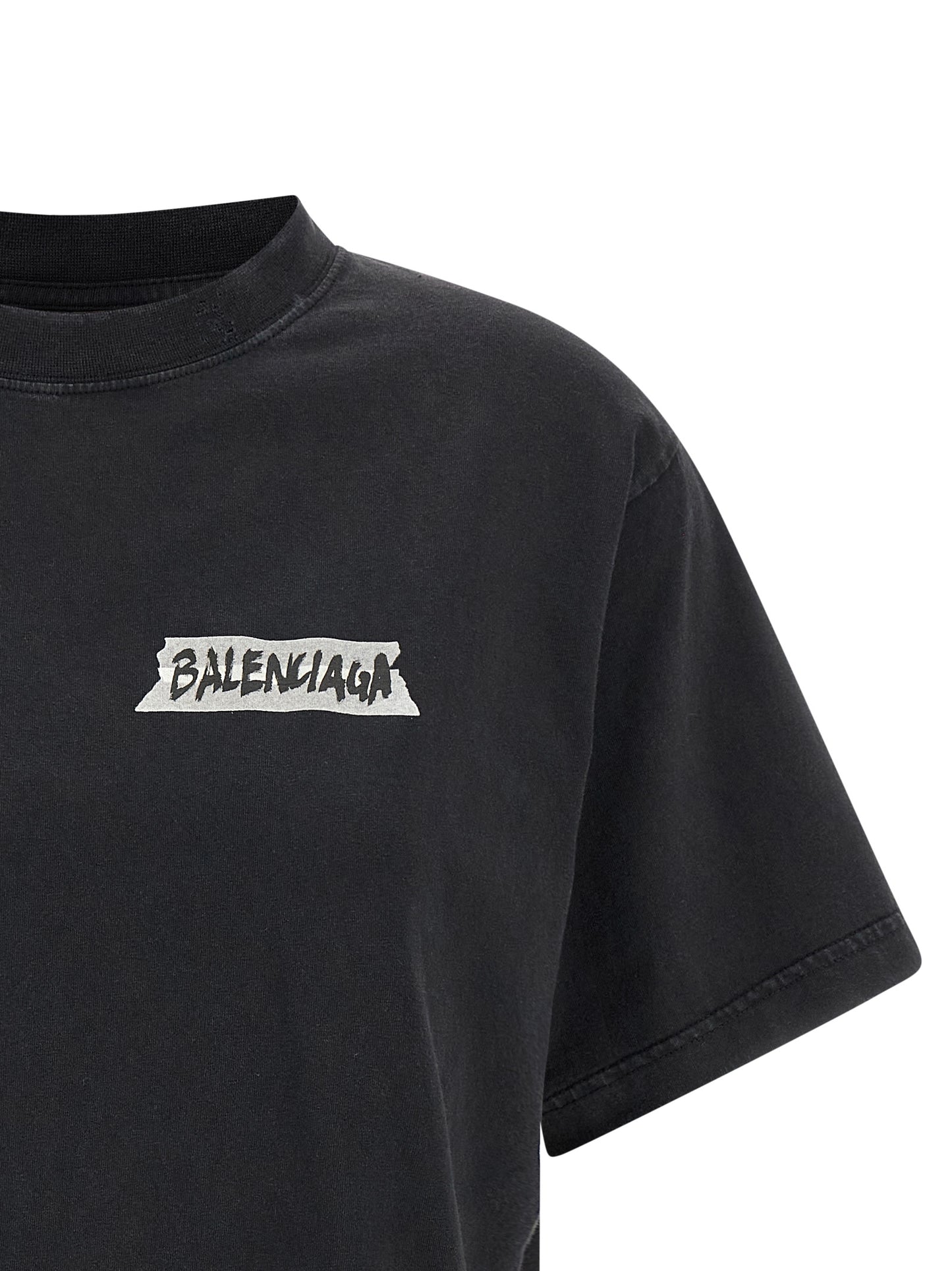 Camiseta De Balenciaga En Algodón Negro Estampado Masking Tape Gráfico
