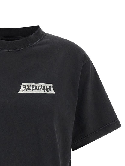 Camiseta De Balenciaga En Algodón Negro Estampado Masking Tape Gráfico