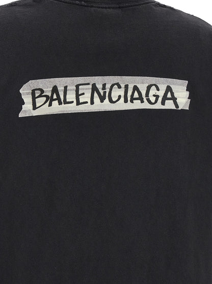 Camiseta De Balenciaga En Algodón Negro Estampado Masking Tape Gráfico