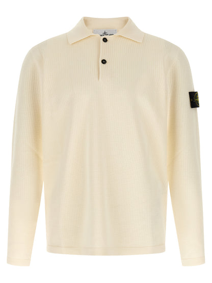 Polo Stone Island en coton beige, manches longues, col classique