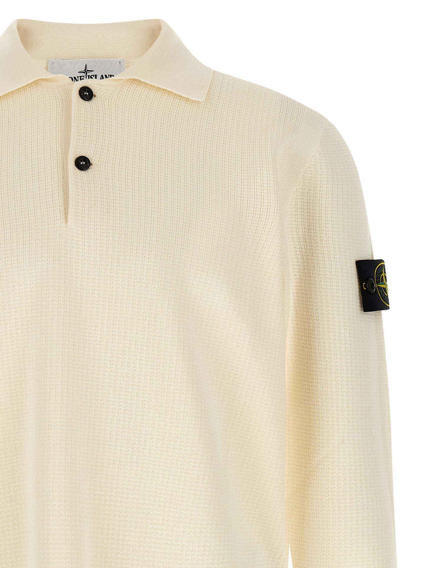 Polo Stone Island en coton beige, manches longues, col classique