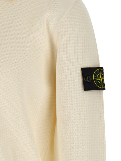 Polo Stone Island en coton beige, manches longues, col classique