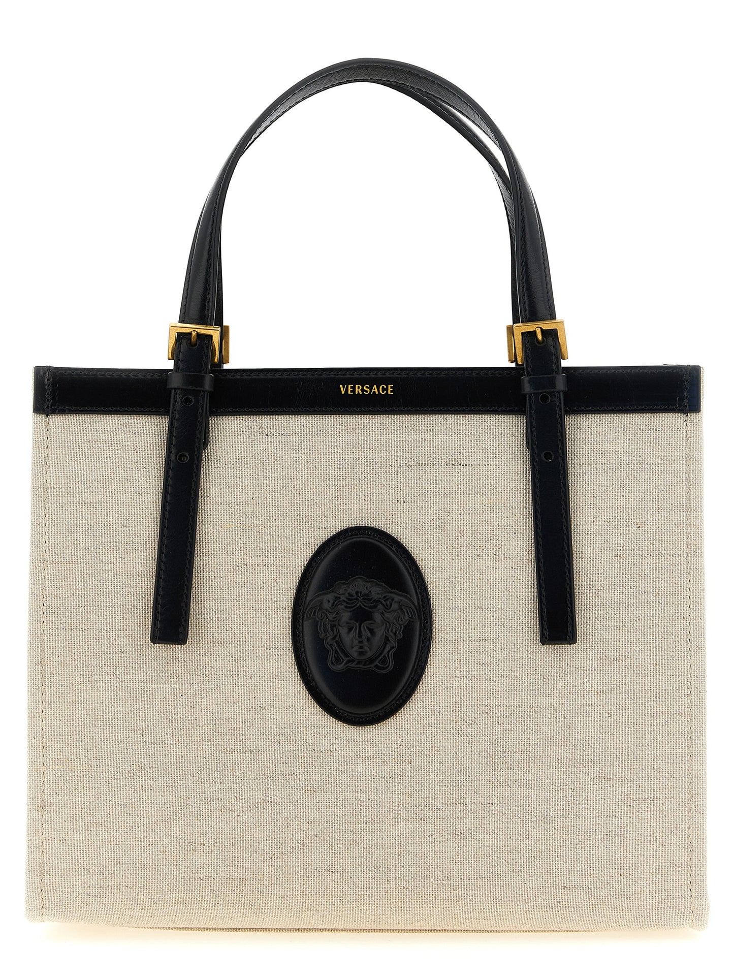 Bolso tote de cuero beige de Versace