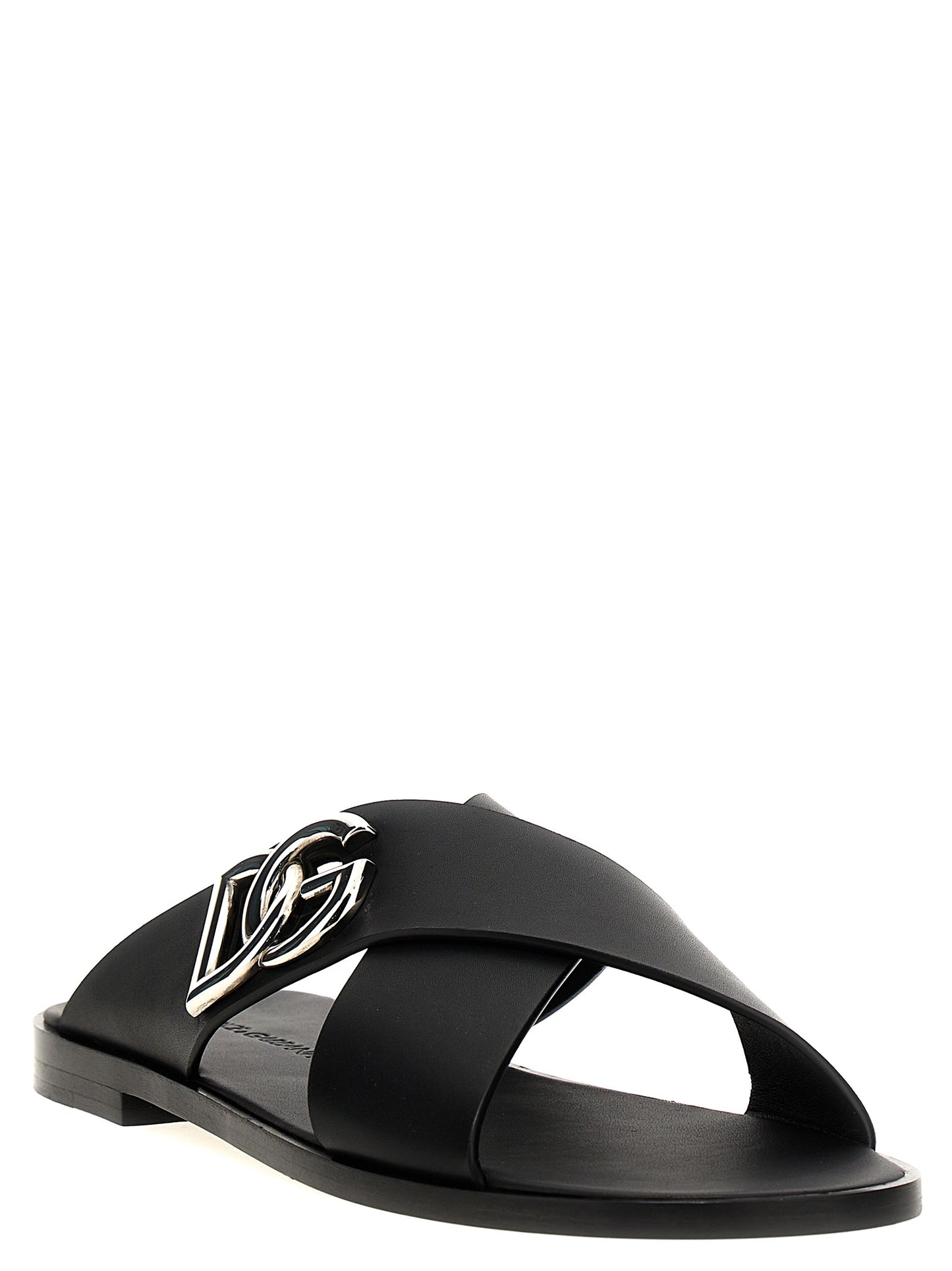 Sandales claquettes en cuir de veau noires Dolce & Gabbana