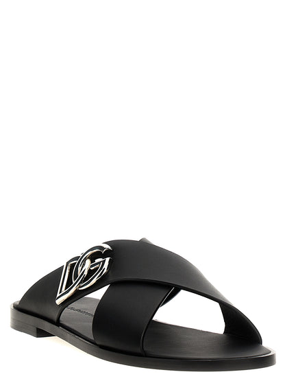 Sandales claquettes en cuir de veau noires Dolce & Gabbana