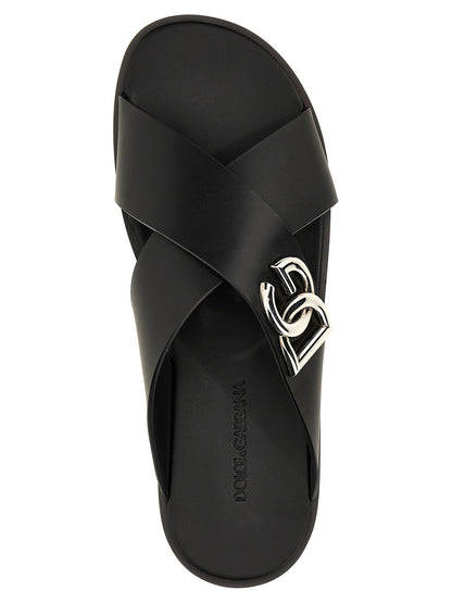 Sandales claquettes en cuir de veau noires Dolce & Gabbana