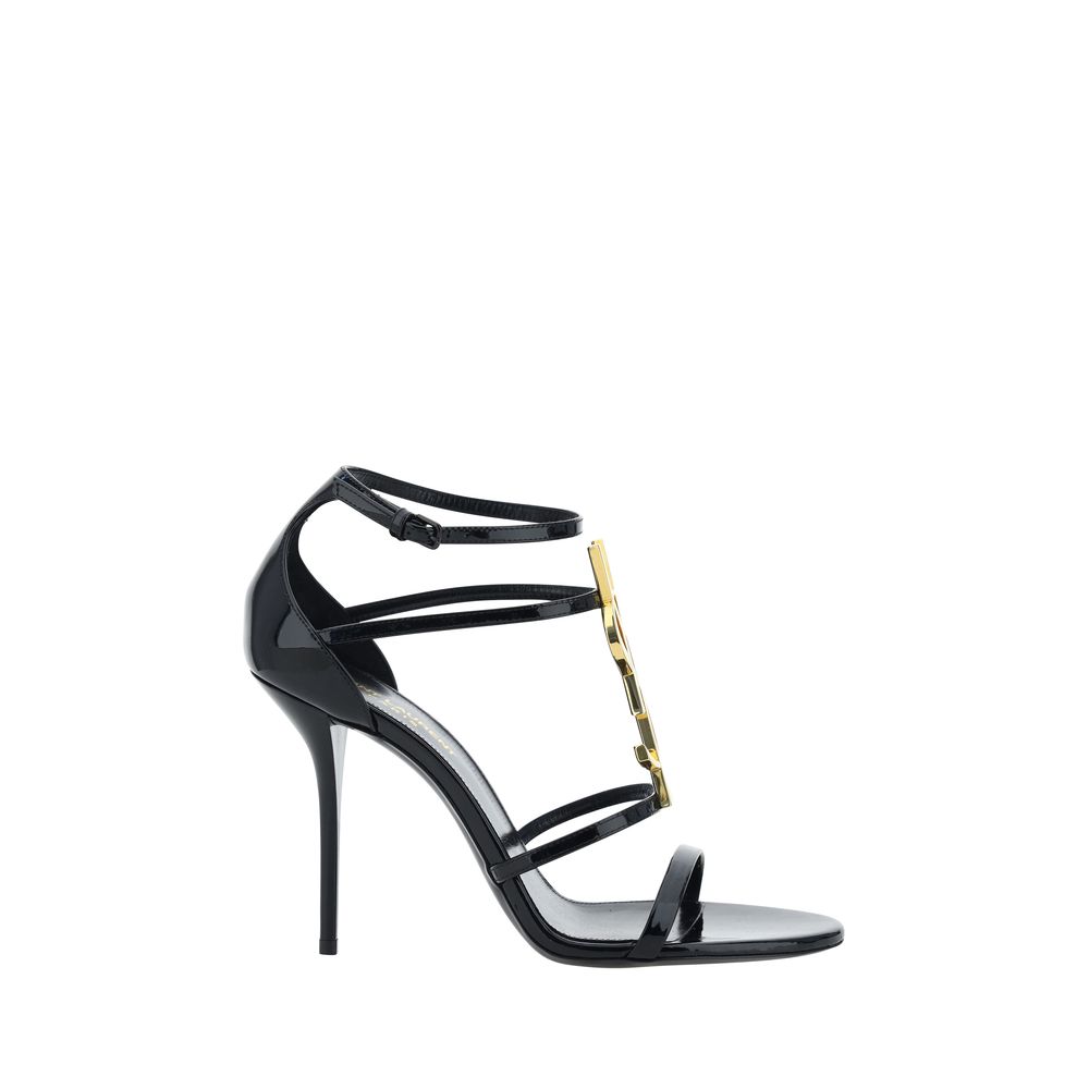 Sandalias Saint Laurent de tacón de aguja en piel de becerro negra Bos Taurus