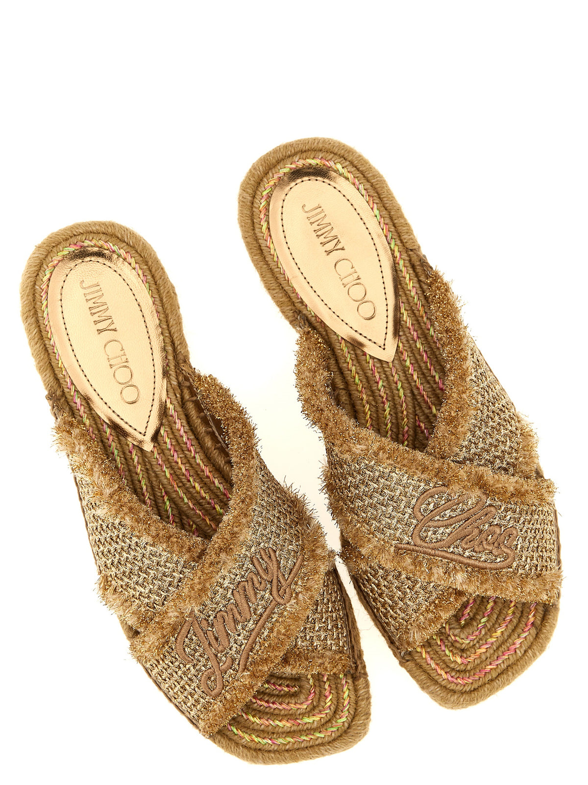 Jimmy Choo Sandales plates en toile dorée modèle Aciél