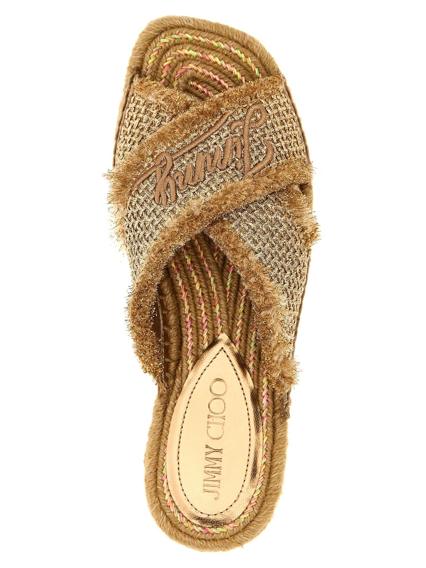 Jimmy Choo Sandales plates en toile dorée modèle Aciél