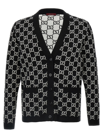 Cárdigan de Lana Bicolor Gucci Reversible con Estampado GG Negro Blanco
