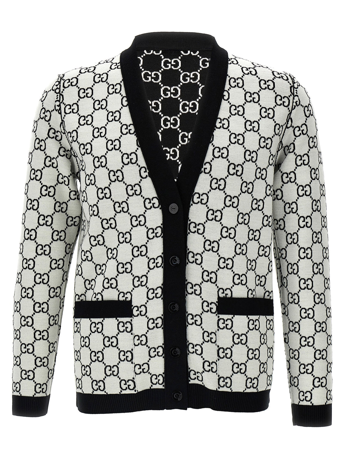 Cárdigan de Lana Bicolor Gucci Reversible con Estampado GG Negro Blanco
