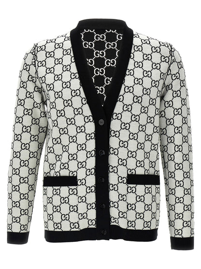 Cárdigan de Lana Bicolor Gucci Reversible con Estampado GG Negro Blanco