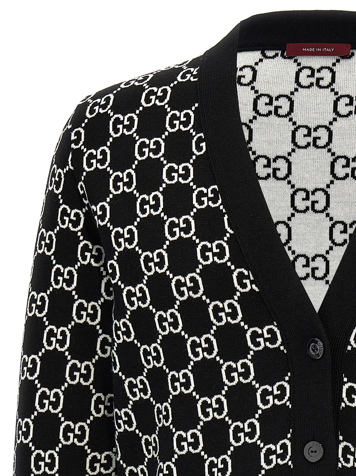 Cárdigan de Lana Bicolor Gucci Reversible con Estampado GG Negro Blanco