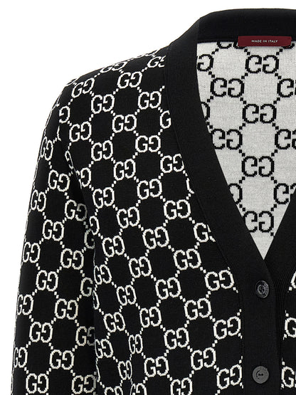 Cárdigan de Lana Bicolor Gucci Reversible con Estampado GG Negro Blanco