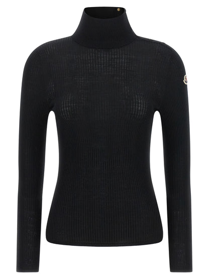 Moncler Black Virgin Wool Cardigan With Ribbed Texture