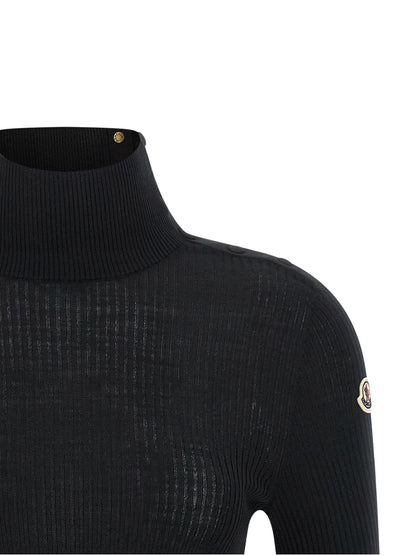 Moncler Black Virgin Wool Cardigan With Ribbed Texture