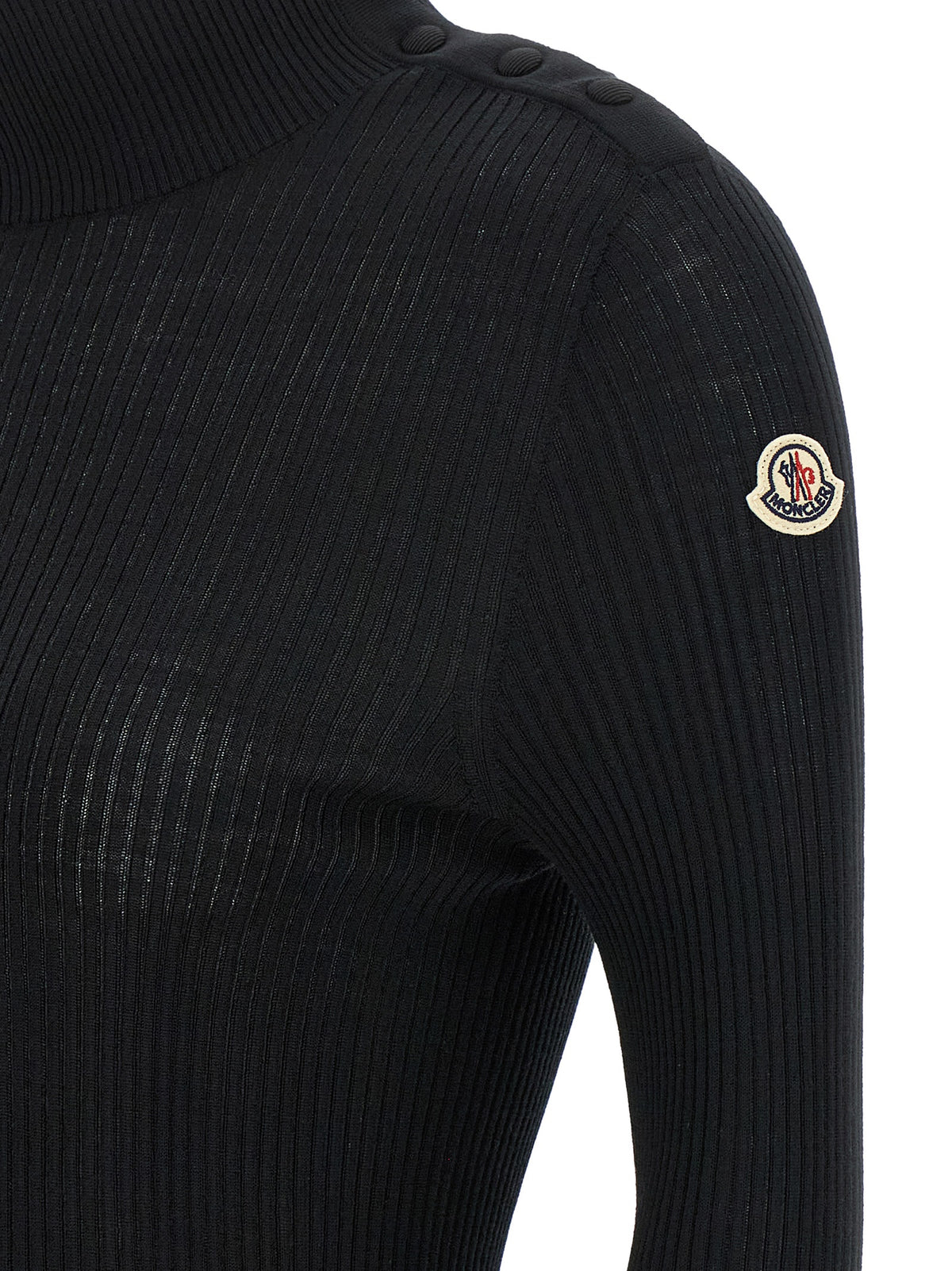 Moncler Black Virgin Wool Cardigan With Ribbed Texture