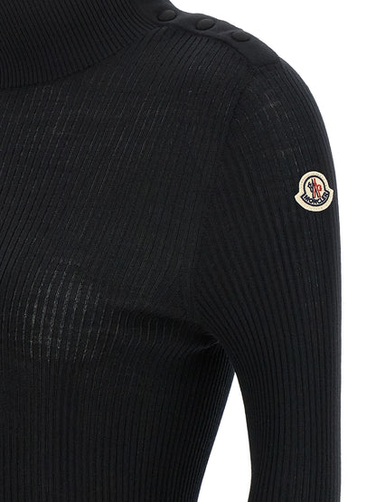 Moncler Black Virgin Wool Cardigan With Ribbed Texture