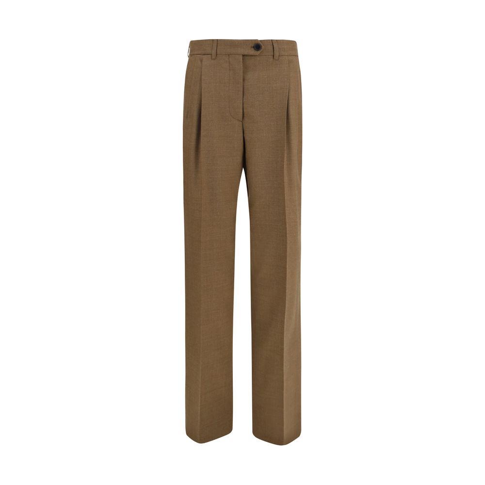 Prada Pantalones De Vestir Marron En Lana Merino Corte Fluido