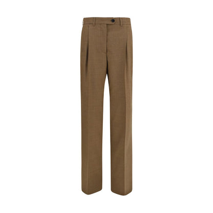 Prada Pantalones De Vestir Marron En Lana Merino Corte Fluido