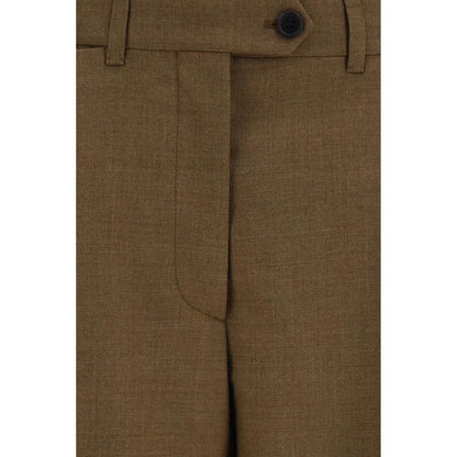 Prada Pantalones De Vestir Marron En Lana Merino Corte Fluido