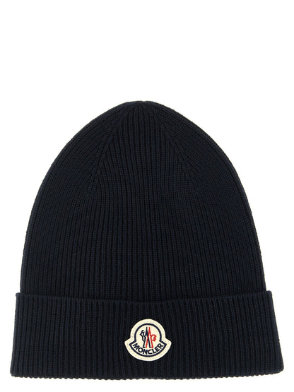 Moncler Bonnet en Laine Vierge Bleu Marine Côtelé