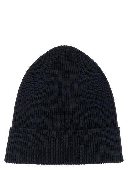 Moncler Bonnet en Laine Vierge Bleu Marine Côtelé