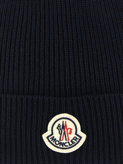 Moncler Bonnet en Laine Vierge Bleu Marine Côtelé