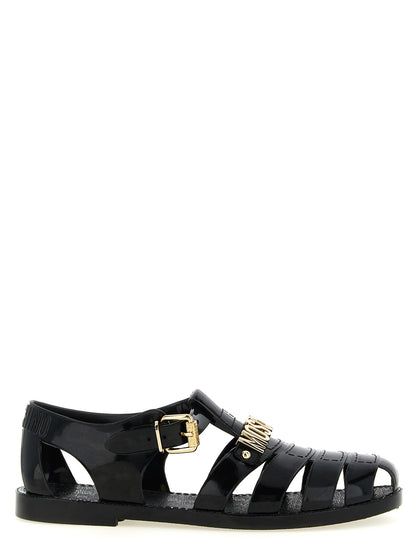 Sandalias Planas De PVC Negro Moschino Con Bandas Transversales