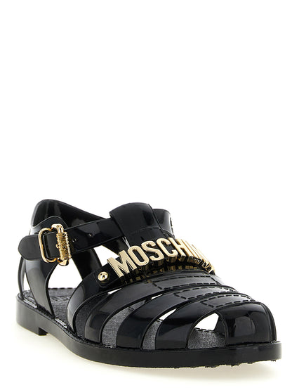 Sandalias Planas De PVC Negro Moschino Con Bandas Transversales
