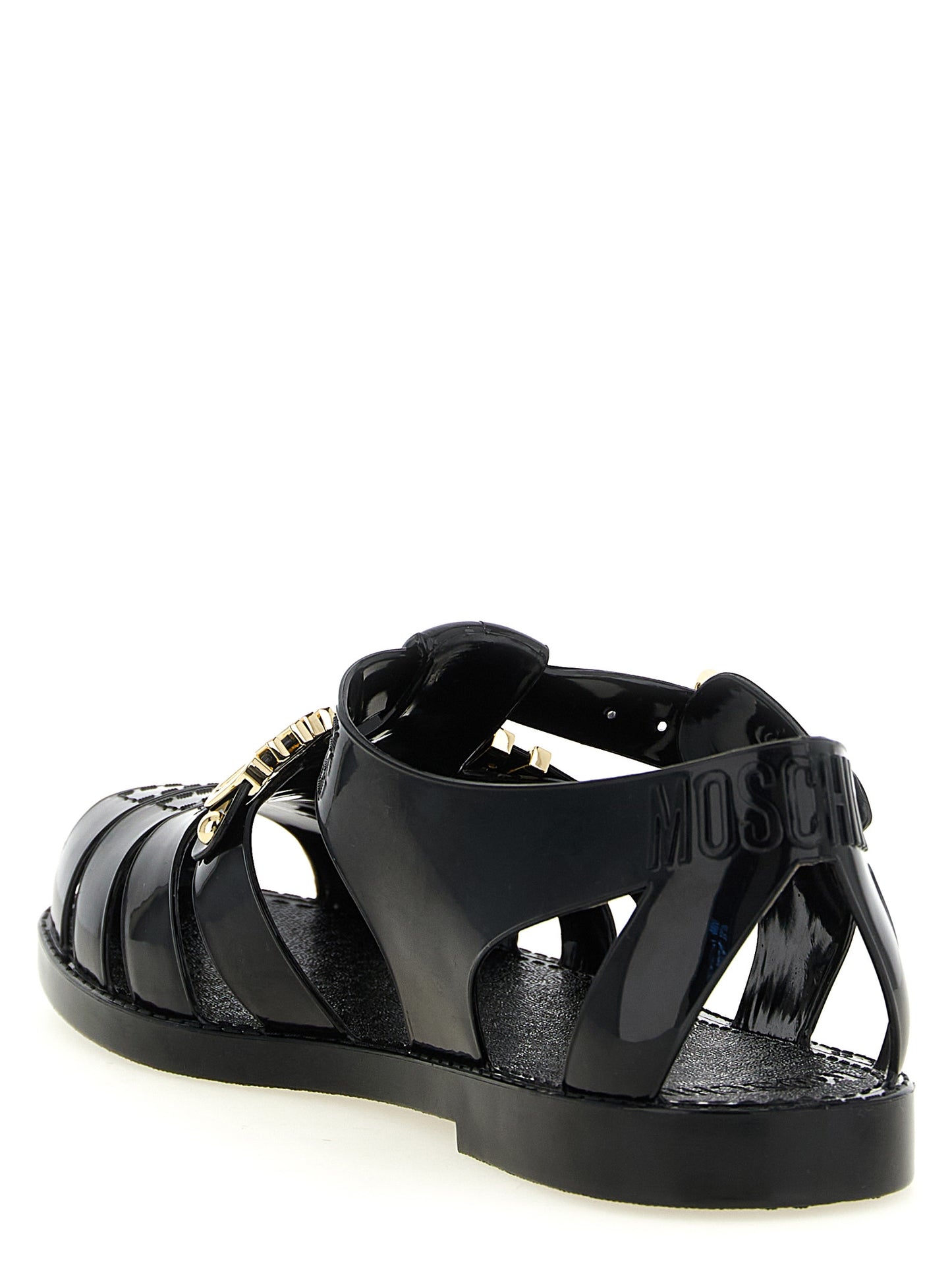 Sandalias Planas De PVC Negro Moschino Con Bandas Transversales