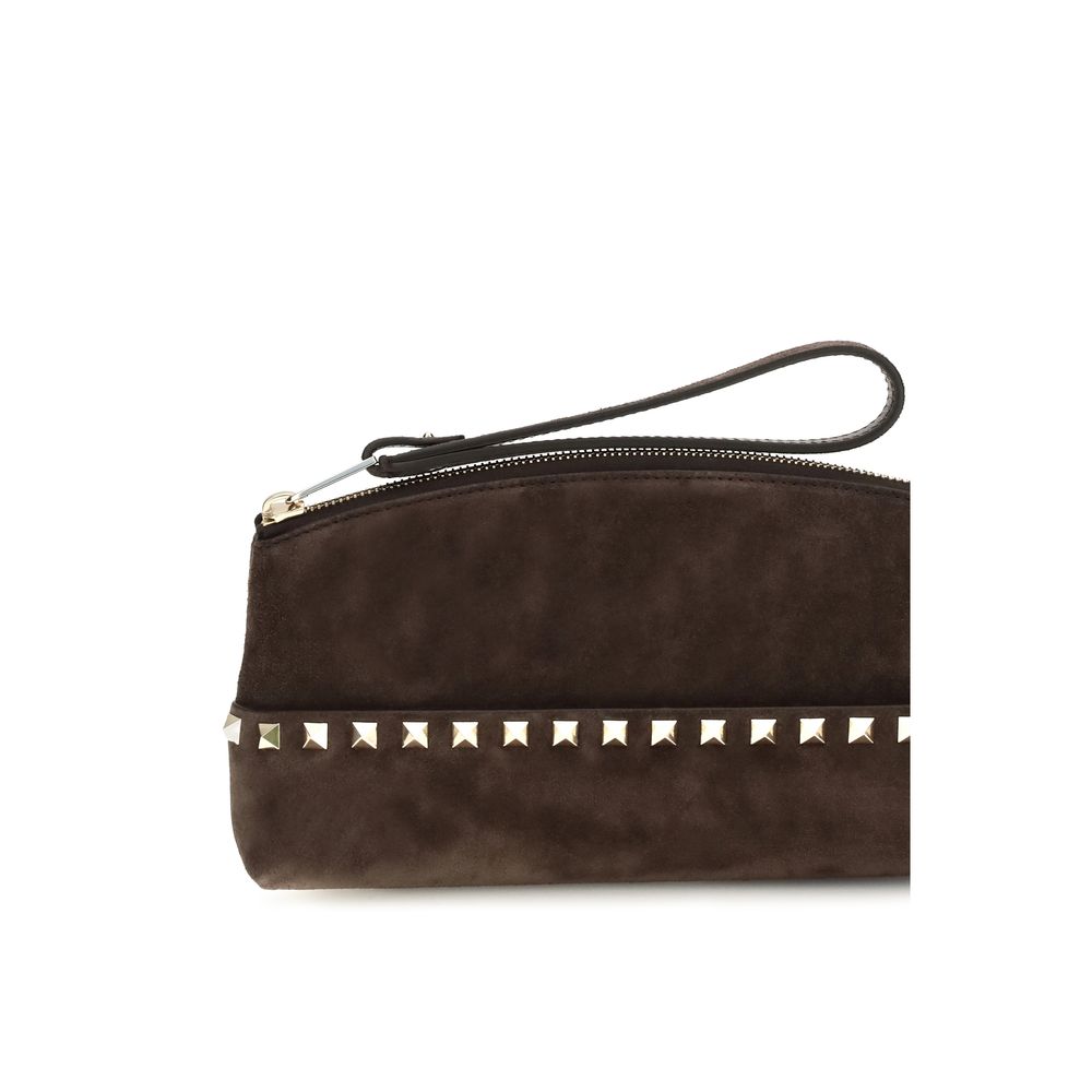 Valentino Garavani Pochette Rockstud en Daim Marron
