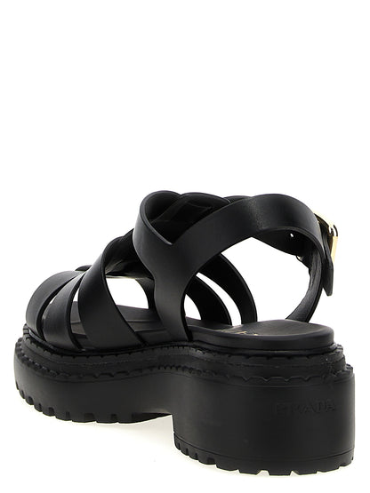 Prada Black Leather Monolith Comfort Flat Sandals