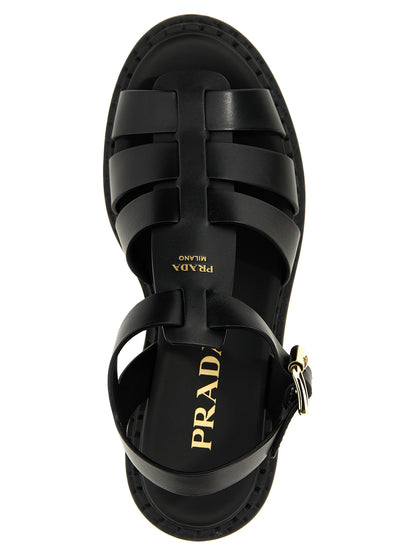 Prada Black Leather Monolith Comfort Flat Sandals