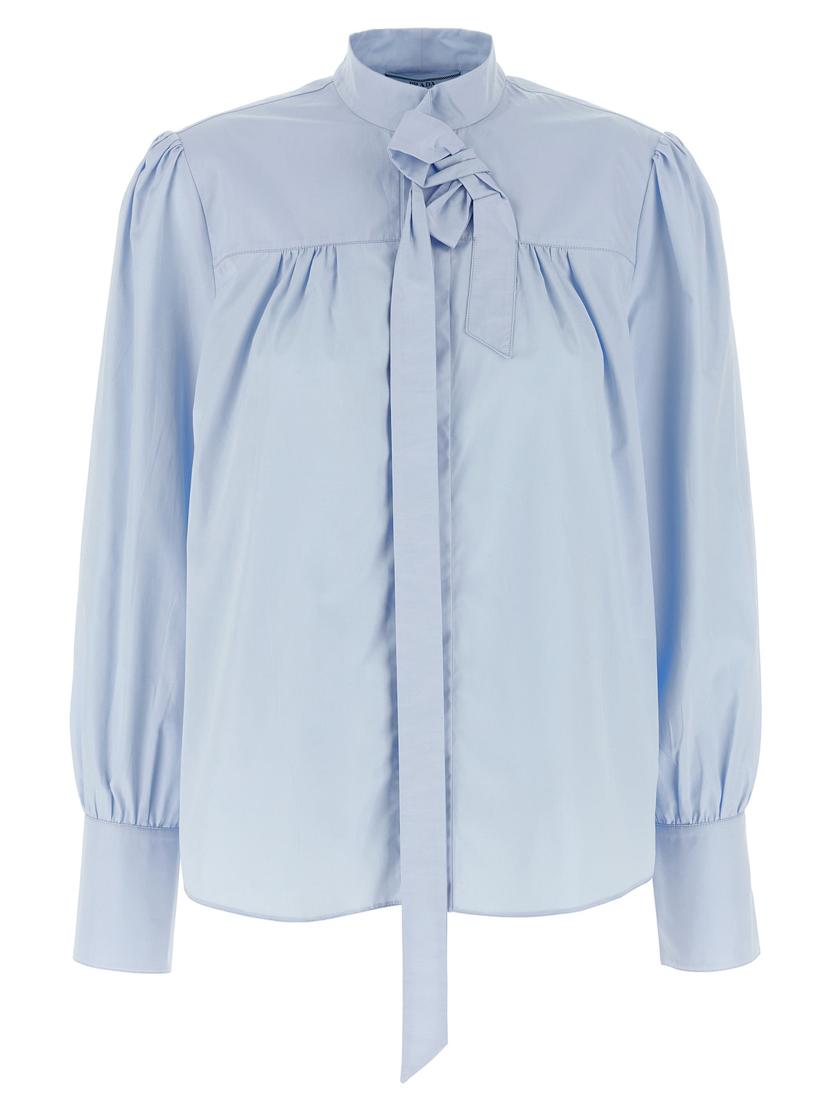 Prada Light Blue Cotton Lavallière Neck Blouse