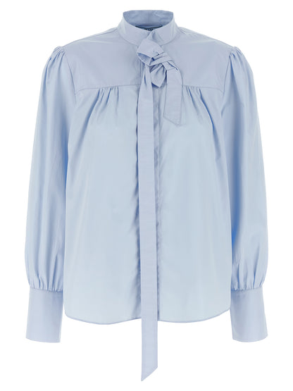 Prada Light Blue Cotton Lavallière Neck Blouse