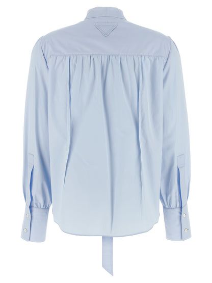 Prada Light Blue Cotton Lavallière Neck Blouse