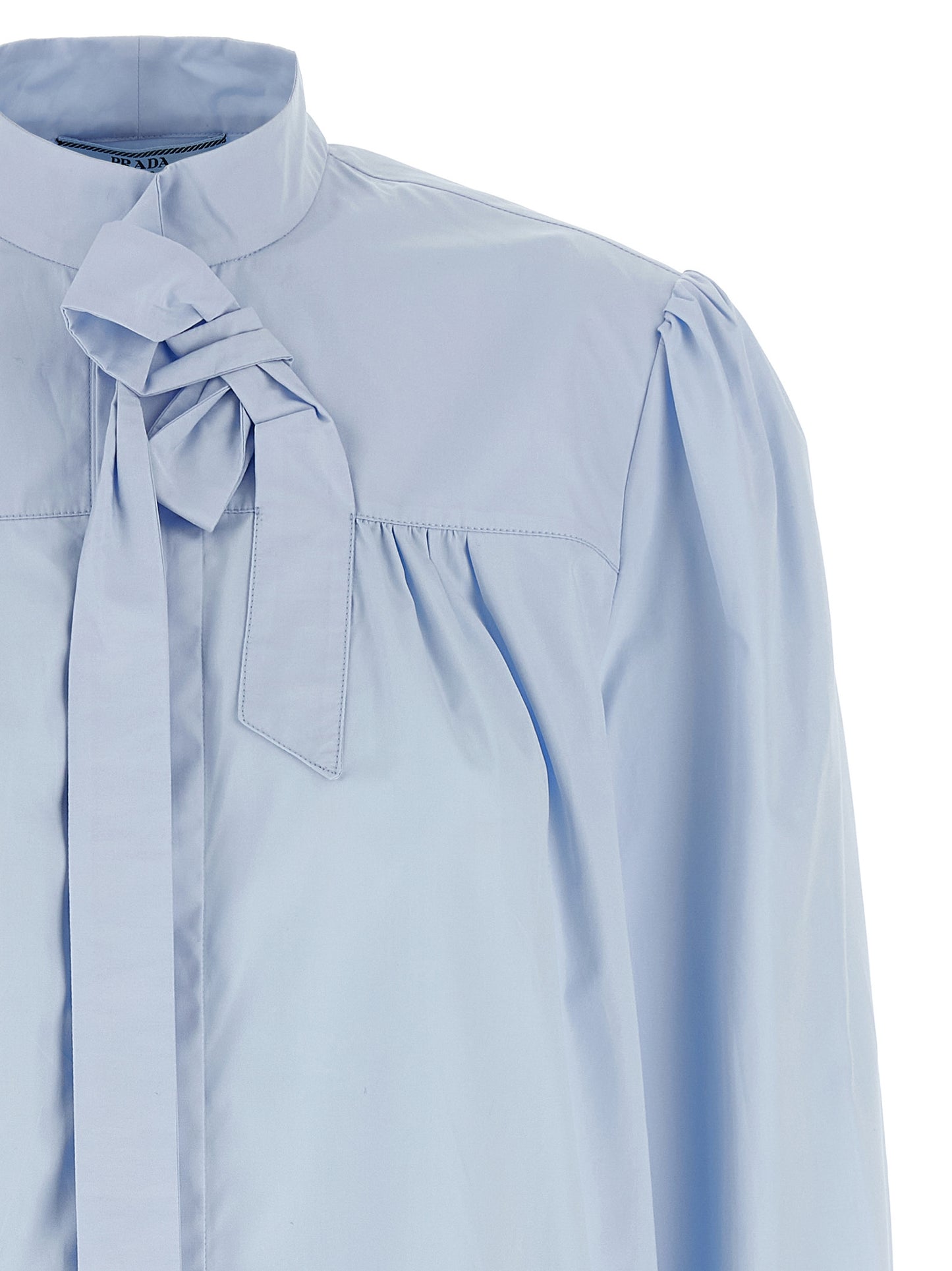 Prada Light Blue Cotton Lavallière Neck Blouse