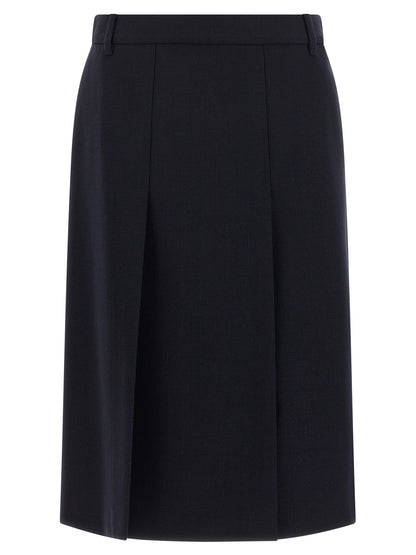 Prada Falda Midi De Lana Virgen Azul Con Corte Evase Y Fendas