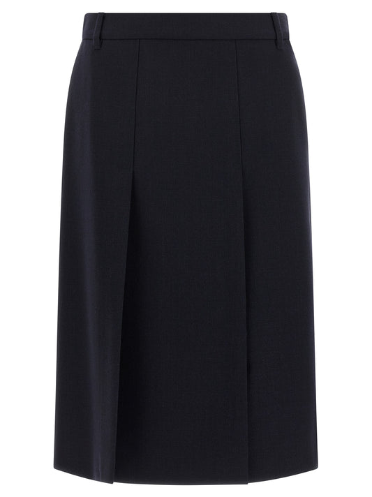 Prada Falda Midi De Lana Virgen Azul Con Corte Evase Y Fendas