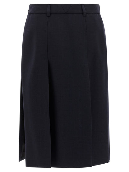 Prada Falda Midi De Lana Virgen Azul Con Corte Evase Y Fendas