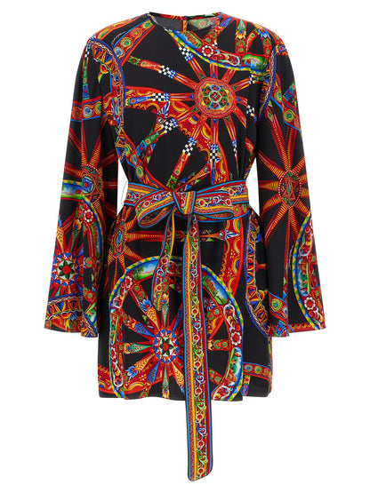 Robe courte en soie multicolore à manches évasées Dolce & Gabbana