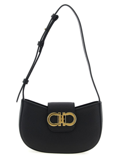 Ferragamo Gabry Hammered Leather Shoulder Bag in Black
